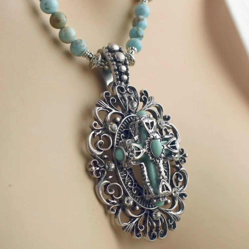 Turquoise Ornate Design Cross Necklace